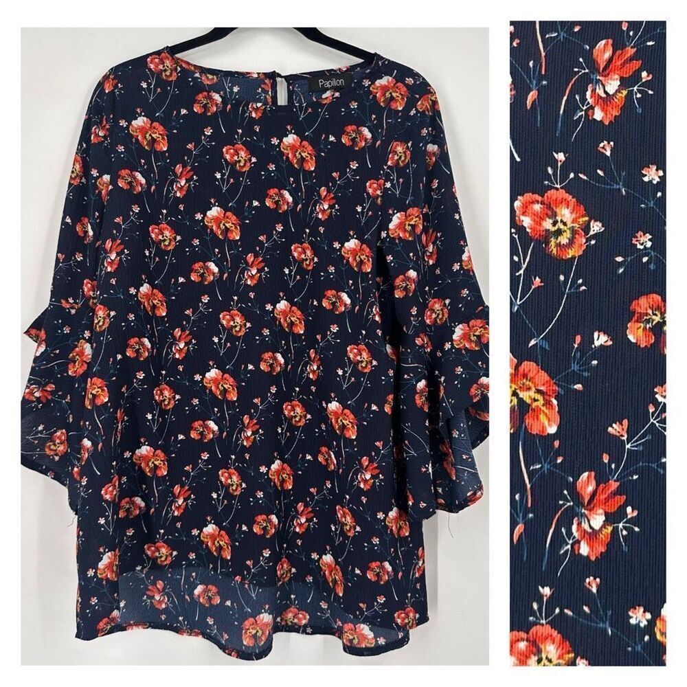 Papillon Floral Ribbed Swing Blouse Navy & Red Size‎ medium